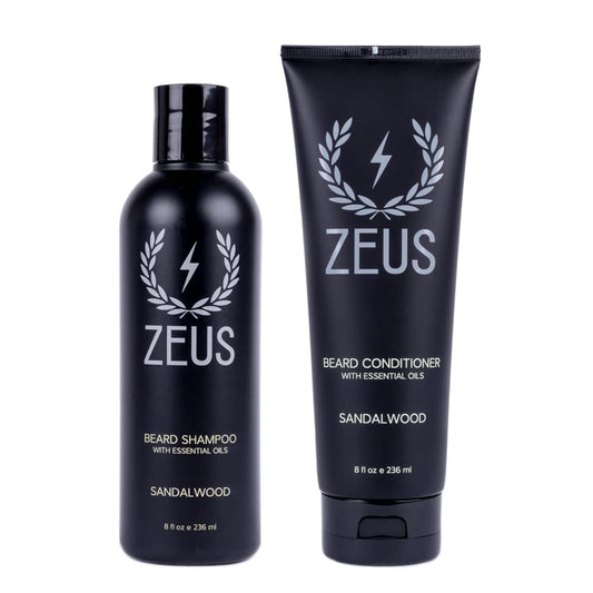 ZEUS Beard Wash Set for Men, Shampoo & Conditioner Duo with Green Tea & Essential Oils, Hydrates, Softens & Strengthens Beard Hair (Made in USA) Sandalwood