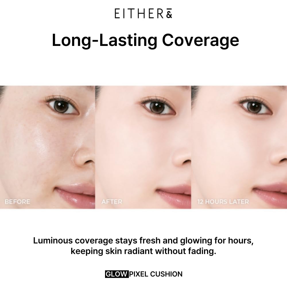 EITHER& Glow Pixel Cushion Foundation, Glowy Skincare, Korean Makeup, Natural Coverage, Moisturizing, Lightweight, Long Lasting Coverage for Flawless Skin (40N Espresso)