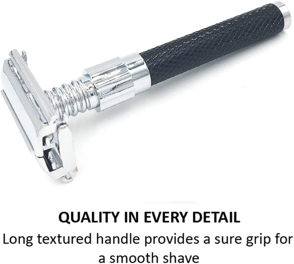 Parker 92R Graphite Gray, Long Handle Heavyweight Butterfly Open Double Edge Safety Razor for Men, 5 Parker Premium Platinum Double Edge Razor Blades Included