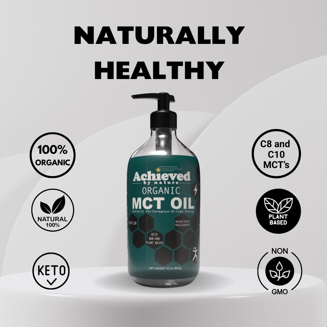 Achieved By Nature Organic MCT Oil, 32 oz, Pure MCTs from Coconuts, C8 and C10 MCTs, Keto Diet Friendly, Use in Coffee, Smoothies, High Bioavailability, Cold Pressed