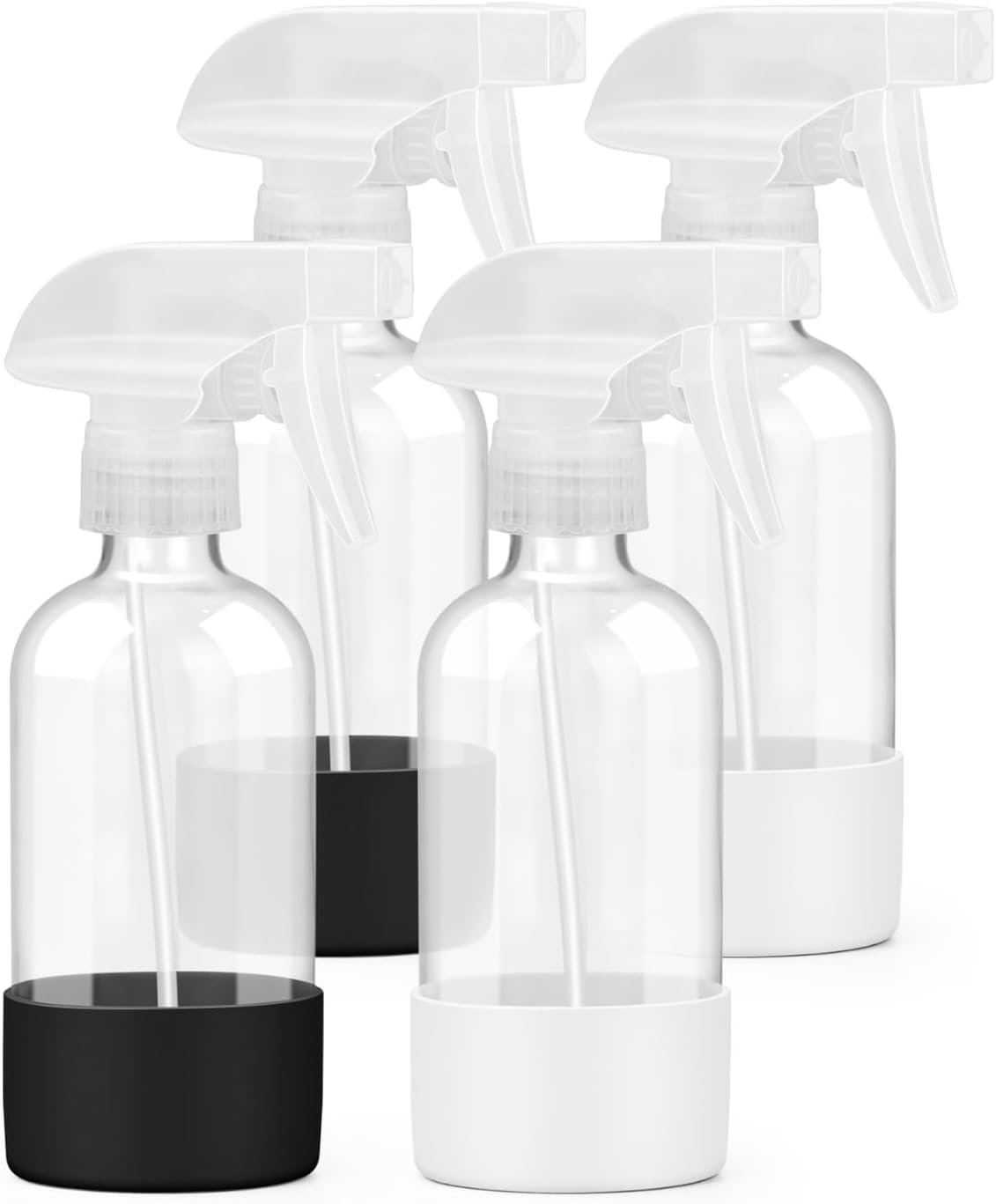4 Pack Glass Spray Bottles 8 oz, Empty Refillable Containers with Silicone Sleeve Protection, Glass Spray Bottles for Cleaning Solutions, Hair and Plants with Adjustable Nozzles Black&White