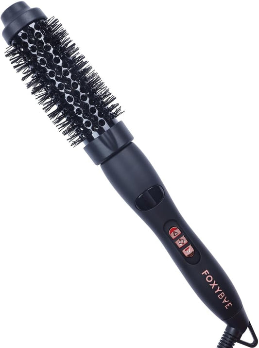 FoxyBae Curling Round Brush 1.25" - Heated Ceramic Tourmaline Multi-Styler Thermal Hair Straightener & Curler - for Frizz Free and Voluminous Hair (Black Rose-Gold)