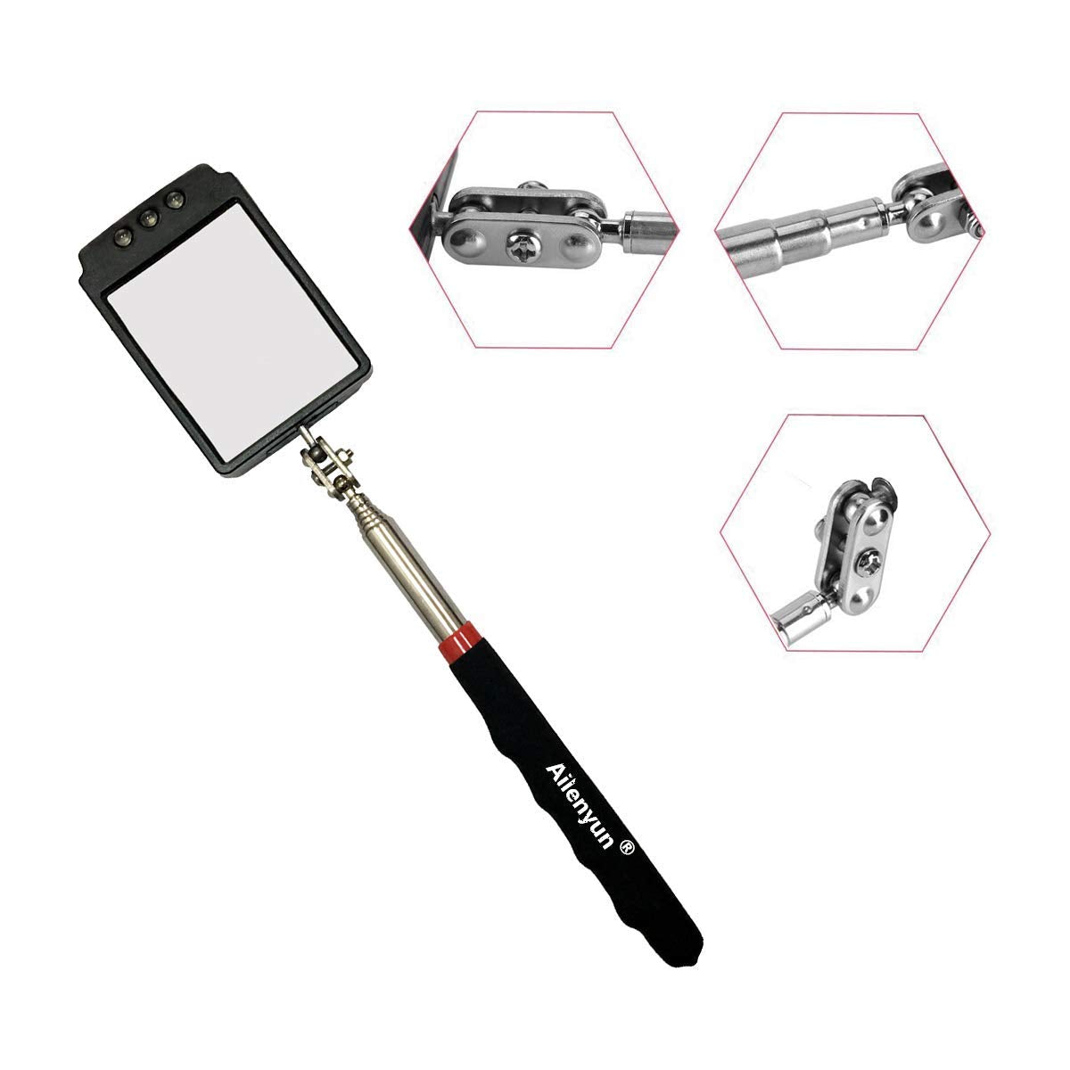 Telescopic Inspection Mirror with LED, Machine Inspection Mirror 360° Rotation, Convenient for car maintenancetmachine Inspection Flexible Diabetic Mirror for feet