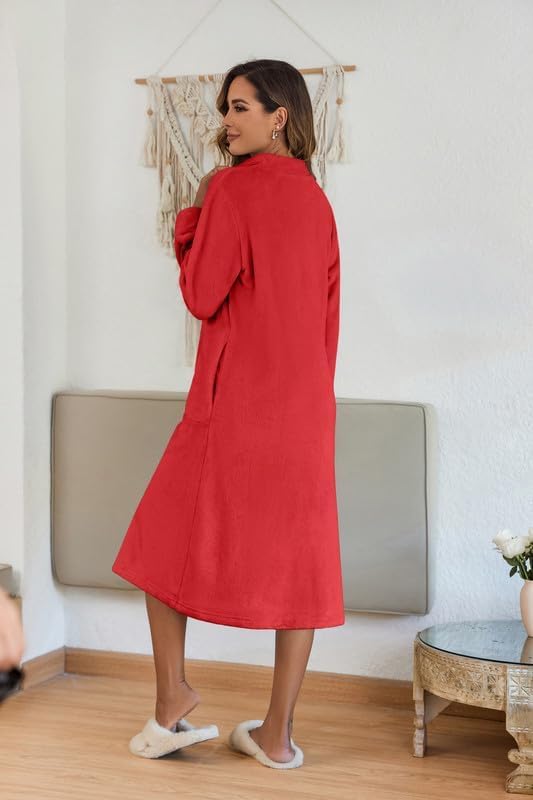 Ekouaer Women's Zip Up Robe Fleece Bathrobe Long Zipper Lounger Warm Housecoat Long Sleeve Nightgown with Pockets S-XXL