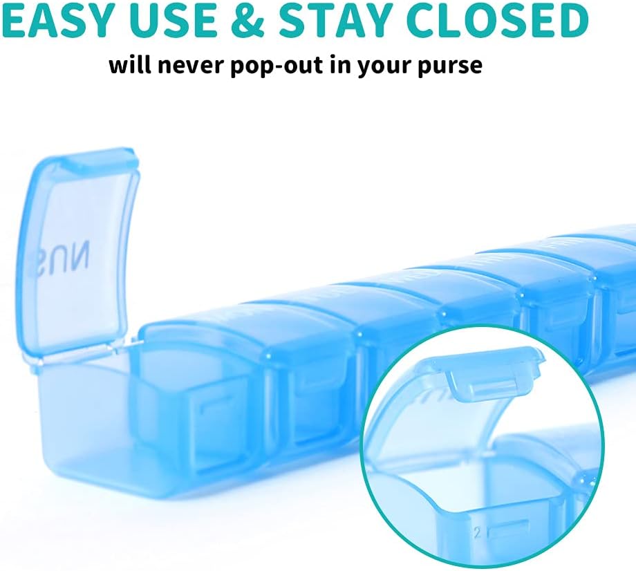 2 Packs Small Weekly Pill Organizer,Pocket Daily Pill Case Pill Box for Pills/Vitamin/Fish Oil/Supplements (Blue)