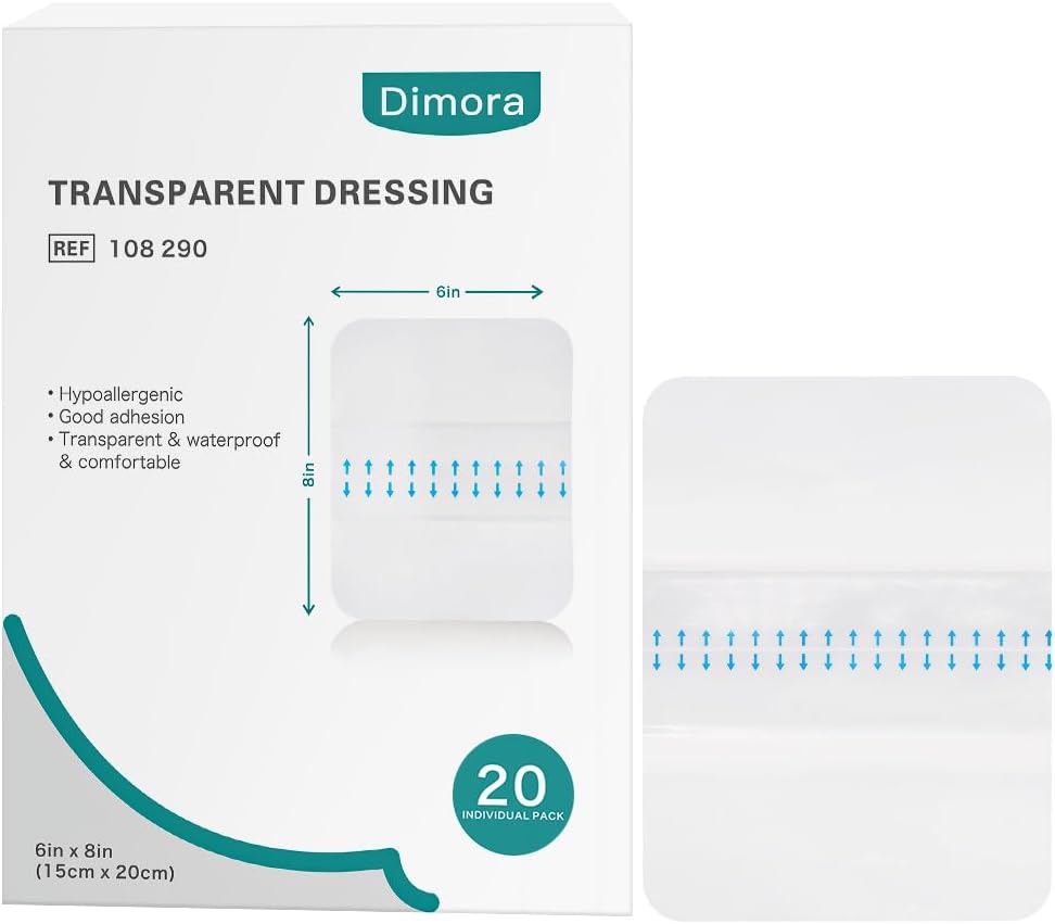 Dimora Transparent Film Dressing 6x8 inch 20 Packs with Hypoallergenic Adhesive, Large Waterproof Wound Bandages Post Surgical for Swimming, Tattoo Aftercare Bandage, IV Shield