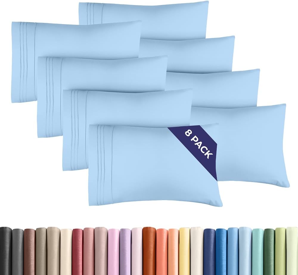 Standard Pillow Cases Set of 8 - Ultra Soft Hotel Quality Pillowcase Covers - Comfy & Wrinkle Free - Shrink, Stain and Fade Resistant - Machine Washable Pillow Protectors - 8 Piece Set - Light Blue
