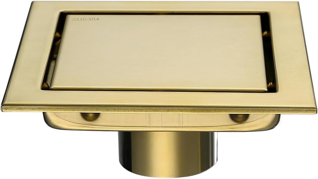 RANDOM Brushed Gold Shower Drain Square 6 inch SUS304 Stainless Steel Shower Floor Drain with Hair Strainer Tile Insert Shower Drain Cover