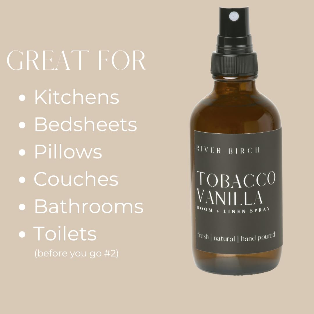River Birch Luxury Linen and Room Spray - Tobacco Vanilla Home Signature Scent - Room Fragrance Spray - Fragrant Fresh Linen Air Freshener For Bedding - Handmade in Texas - 4 oz Glass Amber Bottle