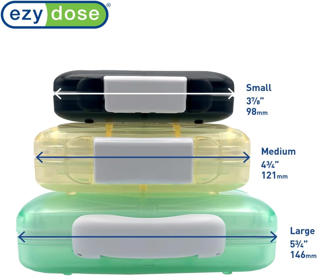 EZY DOSE Moisture-Proof Pill Case, Medicine Planner, Vitamin Organizer Box, Travel-Friendly, Latch-Closure to Secure Contents, 8 Individual Compartments of Multiple Sizes with Tight Seal, Large, Black