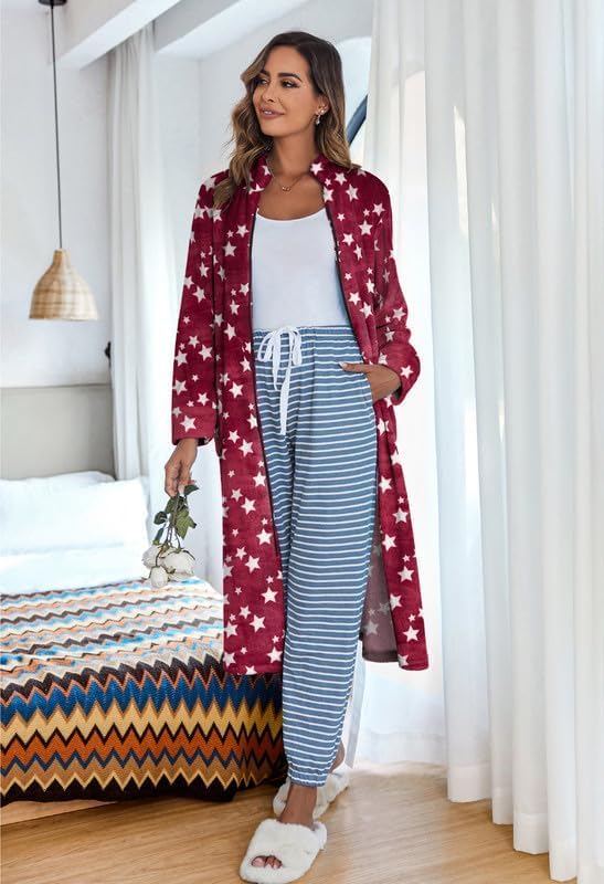 Ekouaer Women's Zip Up Robe Fleece Bathrobe Long Zipper Lounger Warm Housecoat Long Sleeve Nightgown with Pockets S-XXL