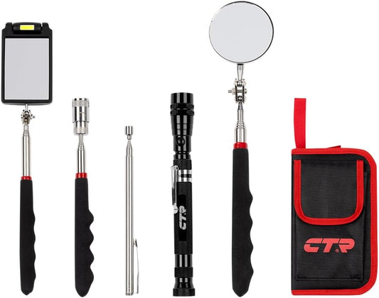 CTR 5PCS Telescoping Magnetic Pickup Tool Kit with Super Bright COB LED Square Inspection Mirror, Flexible Magnet Flashlight, Adjustable Inspection Tool with Long Handle - Best Gadgets Gifts for Men