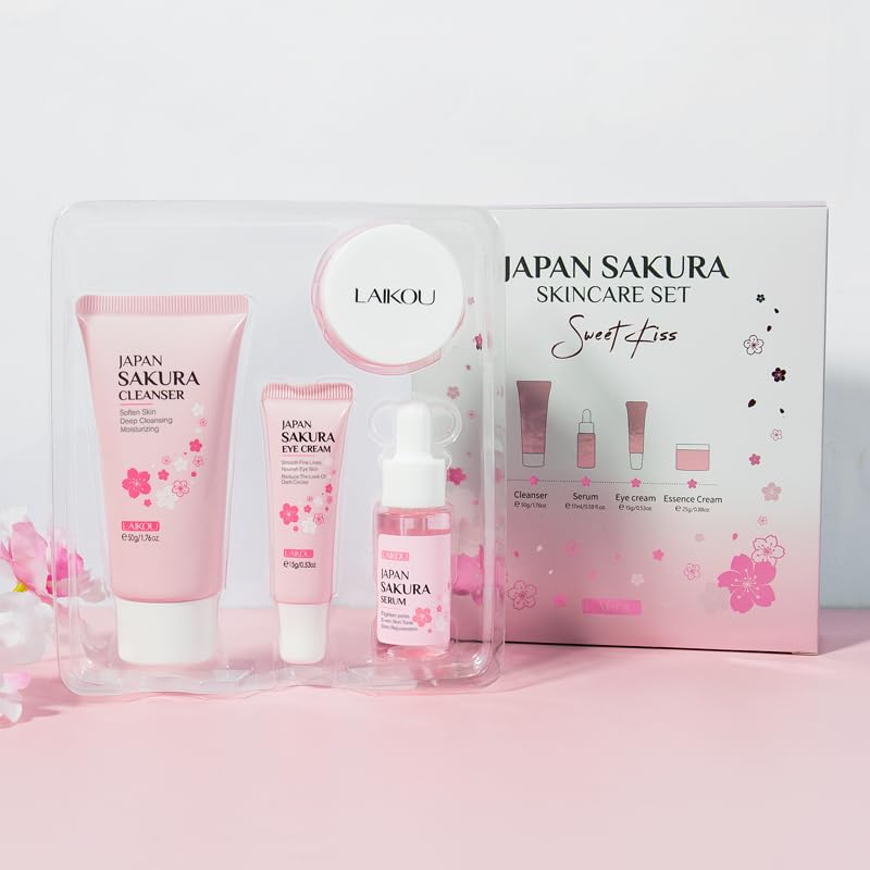 Skin Care Set JAPAN SAKURA Beauty Gift Sets Skin Care Kit with Cleanser, Serum, Eye Cream, Face Cream Travel Kit for Women Mom Wife Teen Girls Gentle Skin Cleaning TSA-friendly Sizes 4pcs