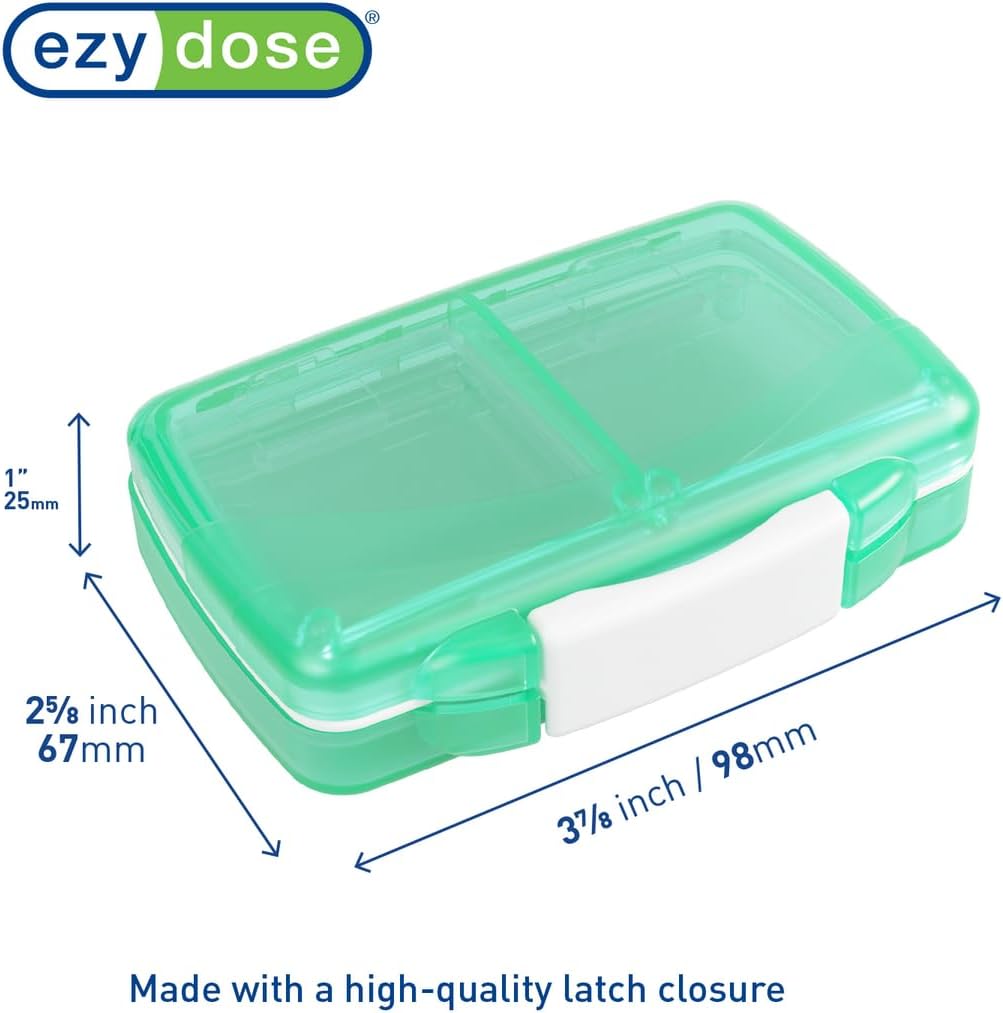 EZY DOSE Moisture-Proof Pill Case, Medicine Planner, Vitamin Organizer Box, Travel-Friendly, Latch-Closure to Secure Contents, 4 Individual Compartments of Multiple Sizes with Tight Seal, Small, Green