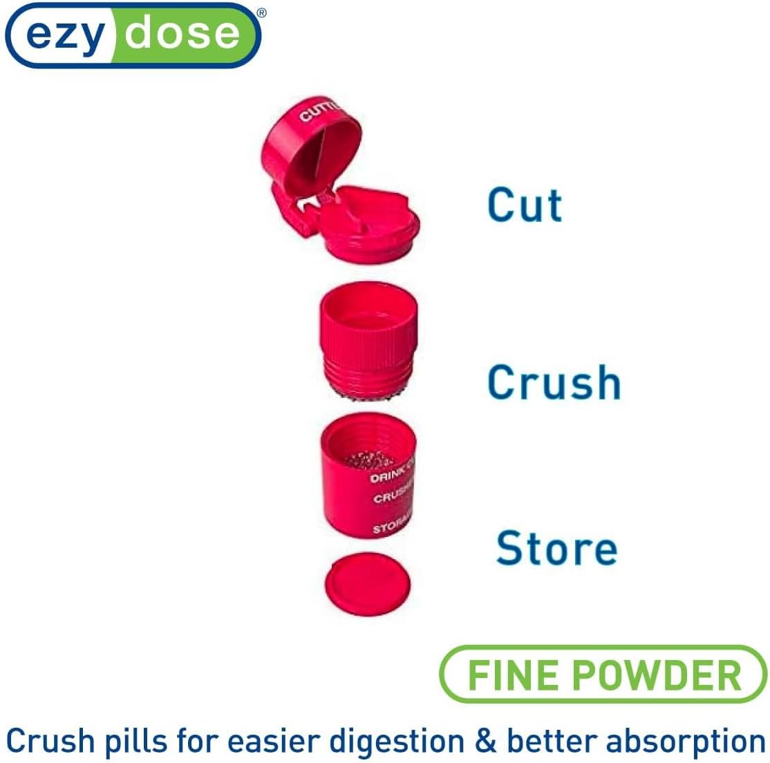 EZY DOSE 3 Compartment Pill Crusher, Cutter and Grinder, Daily Usage, Safely Cut Pills, Vitamins, Tablets, Accurate and Easy Cutting, Stainless Steel Blade, Removable Drinking Cup, Red, BPA Free
