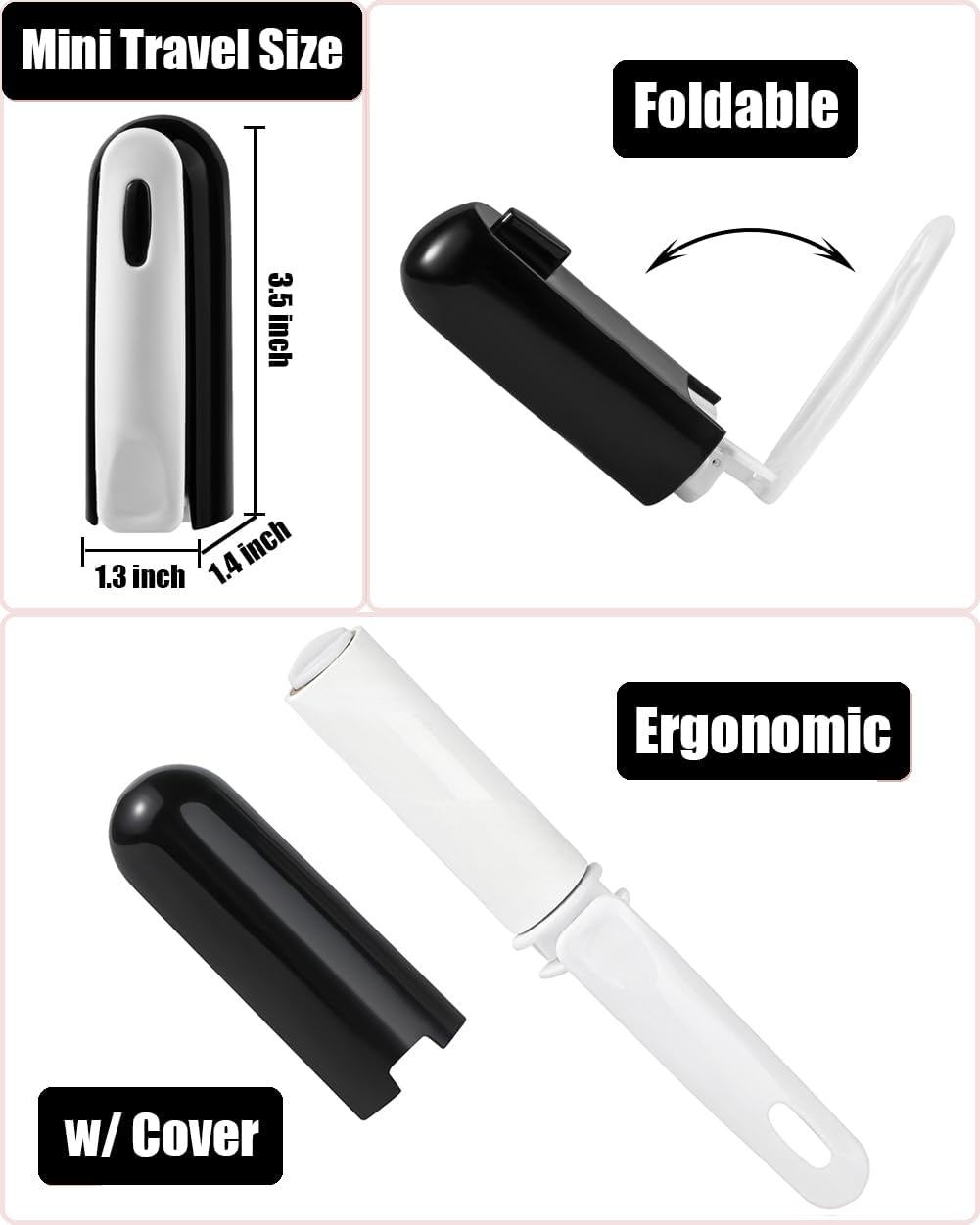 Travel Lint Roller Mini Foldable Lint Remover with Cover and 4 Refills Total 150 Extra Sticky Sheets On The Go Lint Roller for Men Women Traveling Essentials (Black)