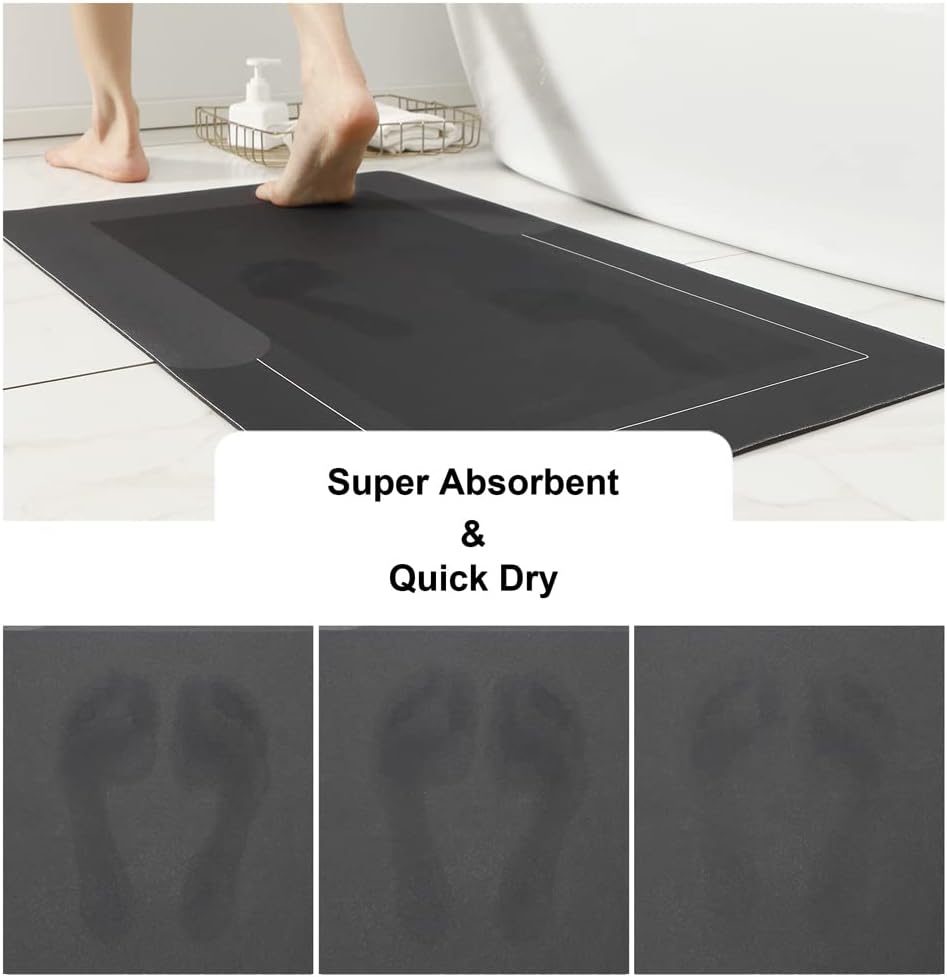 HelloTree 3PCS Bath Mat Rug Rubber Non Slip Quick Dry Rug Sets Super Absorbent Thin Bathroom Rugs Fit Under Door Dark Grey Washable Bathroom Floor Mats for in Front of Bathtub, Shower Room, Sink