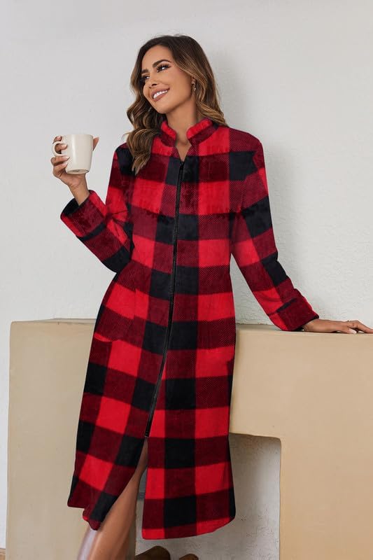 Ekouaer Women's Zip Up Robe Fleece Bathrobe Long Zipper Lounger Warm Housecoat Long Sleeve Nightgown with Pockets S-XXL