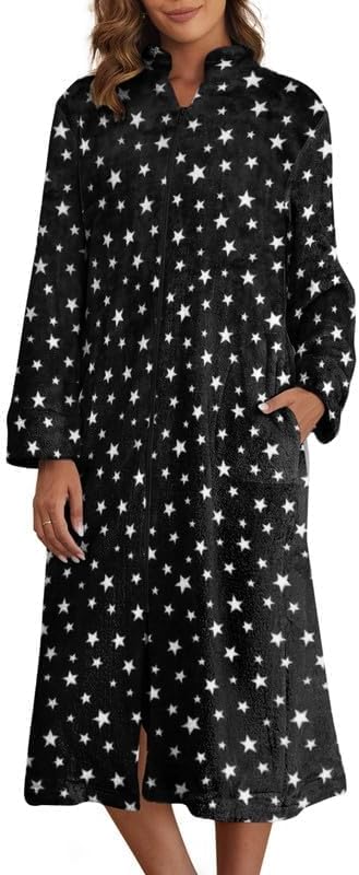Ekouaer Women's Zip Up Robe Fleece Bathrobe Long Zipper Lounger Warm Housecoat Long Sleeve Nightgown with Pockets S-XXL