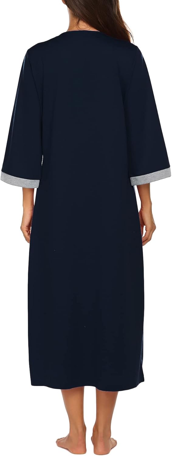 Ekouaer Women Zipper Robe 3/4 Sleeves Loungewear Dress Full Length Sleepwear Pockets Housecoat Nightgown Long Bathrobe