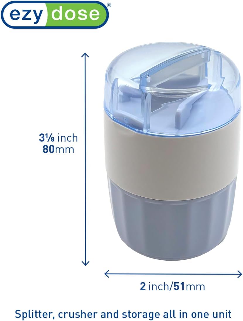 EZY DOSE Pill Crusher and Cutter 3-in-1, Crushes Cuts, and Stores Pills, Vitamins, Tablets, Built-in Storage Compartment, Features Stainless-Steel Blade, Portable and Travel-Friendly, Blue, BPA Free