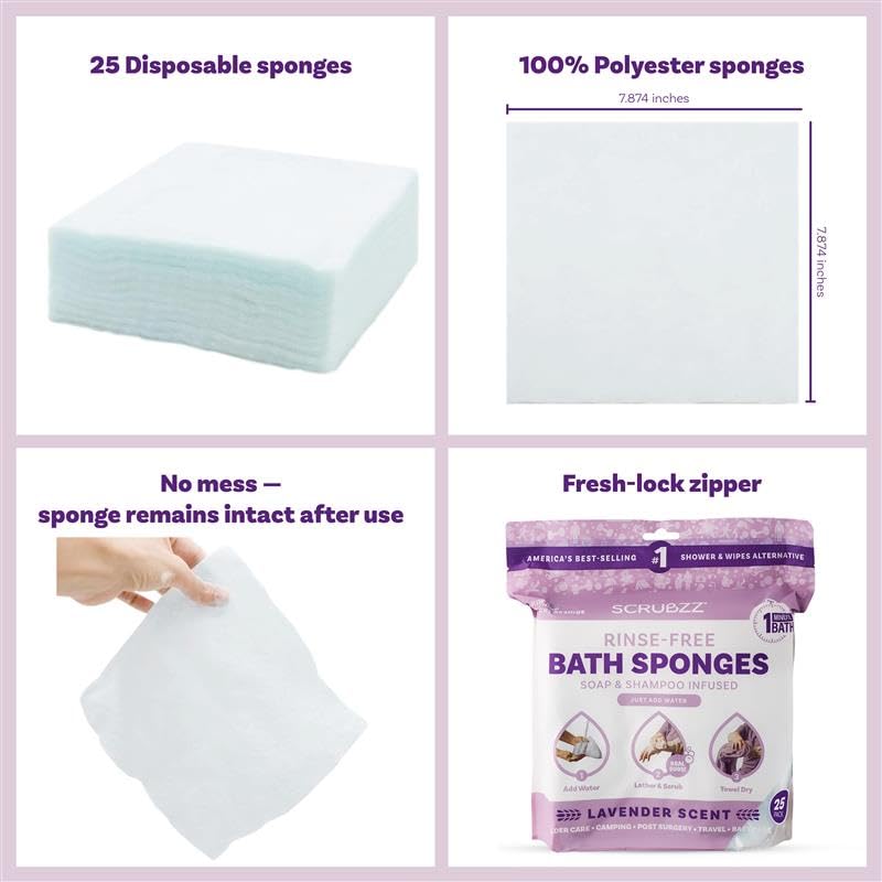 Scrubzz Disposable No Rinse Bathing Wipes - All-in-1 Single Use Shower Wipes, Simply Dampen, Lather, and Dry Without Shampoo or Rinsing (Lavender, 2-Pack)