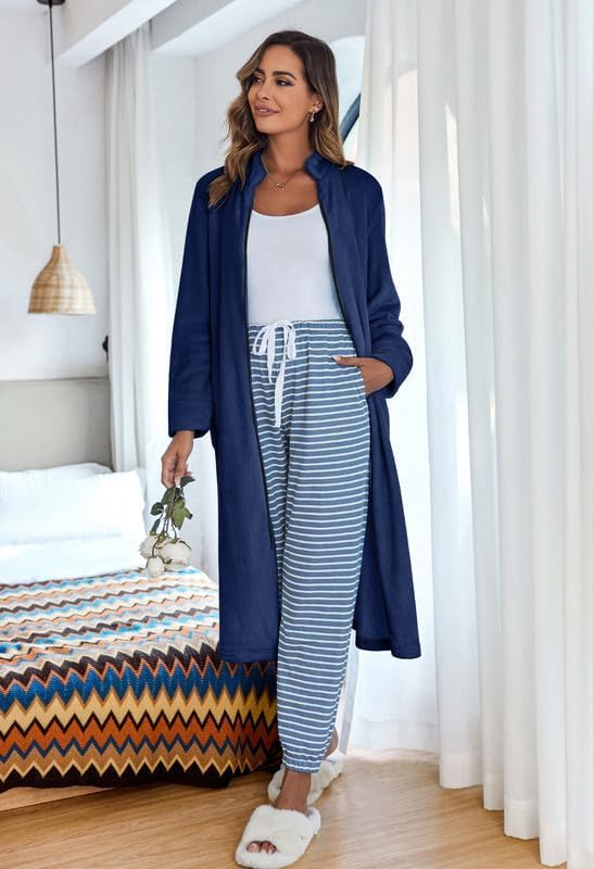 Ekouaer Women's Zip Up Robe Fleece Bathrobe Long Zipper Lounger Warm Housecoat Long Sleeve Nightgown with Pockets S-XXL