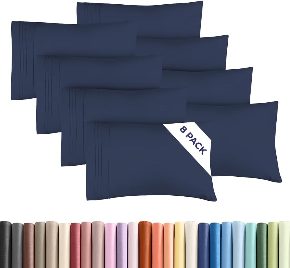 Queen Pillow Cases Set of 8 - Ultra Soft Hotel Quality Pillowcase Covers - Comfy, Cozy & Wrinkle Free - Shrink, Stain and Fade Resistant - Machine Washable Pillow Protectors - 8 Piece Set - Navy Blue