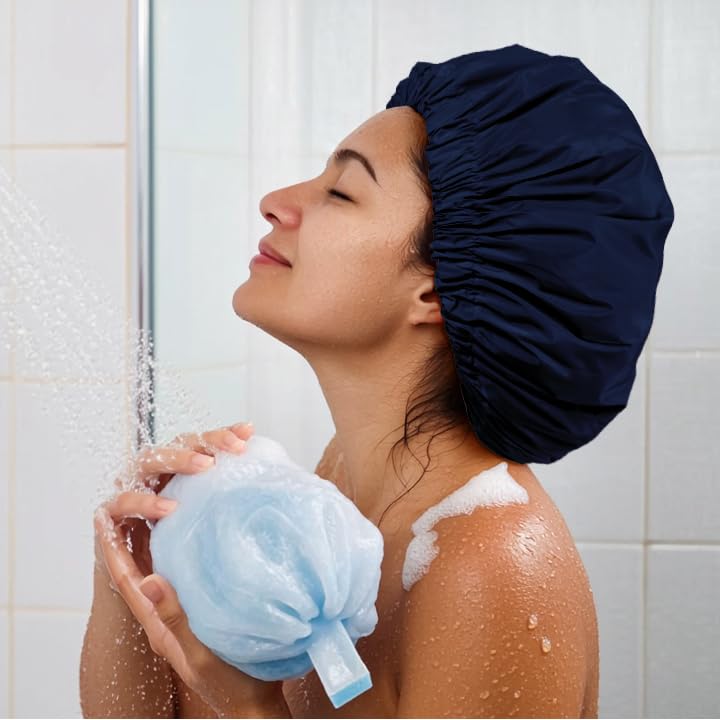 Reusable Shower Cap for Women, Large Waterproof Shower Essentials Bonnet Washable Elastic Band Bath Hair Wrap Hat for Long Hair, Braids(Navy)