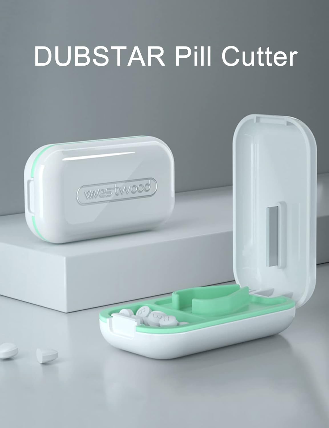 DUBSTAR Small Pill Cutter, Pill Cutter Splitter for Small and Tiny Pills, Portable Pretty Pill Cutters for Large Pills, Cuts Vitamins Tablets for Purse Pocket (Pill Cutter, White)