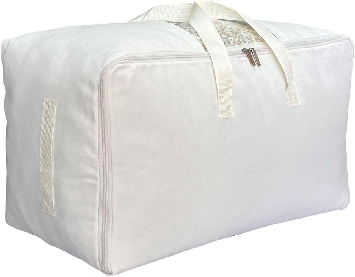 Soft Large Canvas Comforter Storage Bags with Four Carrying Handles and Clear Window, Closet Organizer for Clothing, Blankets Sheets Pillows and Bedding, 80L, White
