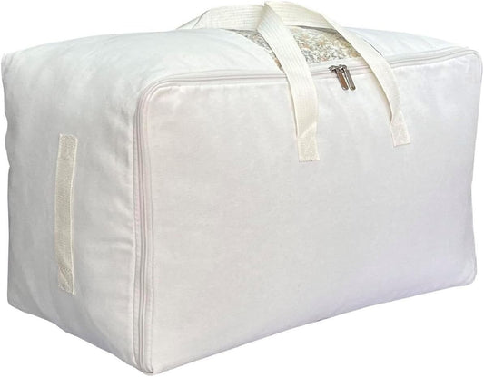 Soft Large Canvas Comforter Storage Bags with Four Carrying Handles and Clear Window, Closet Organizer for Clothing, Blankets Sheets Pillows and Bedding, 80L, White