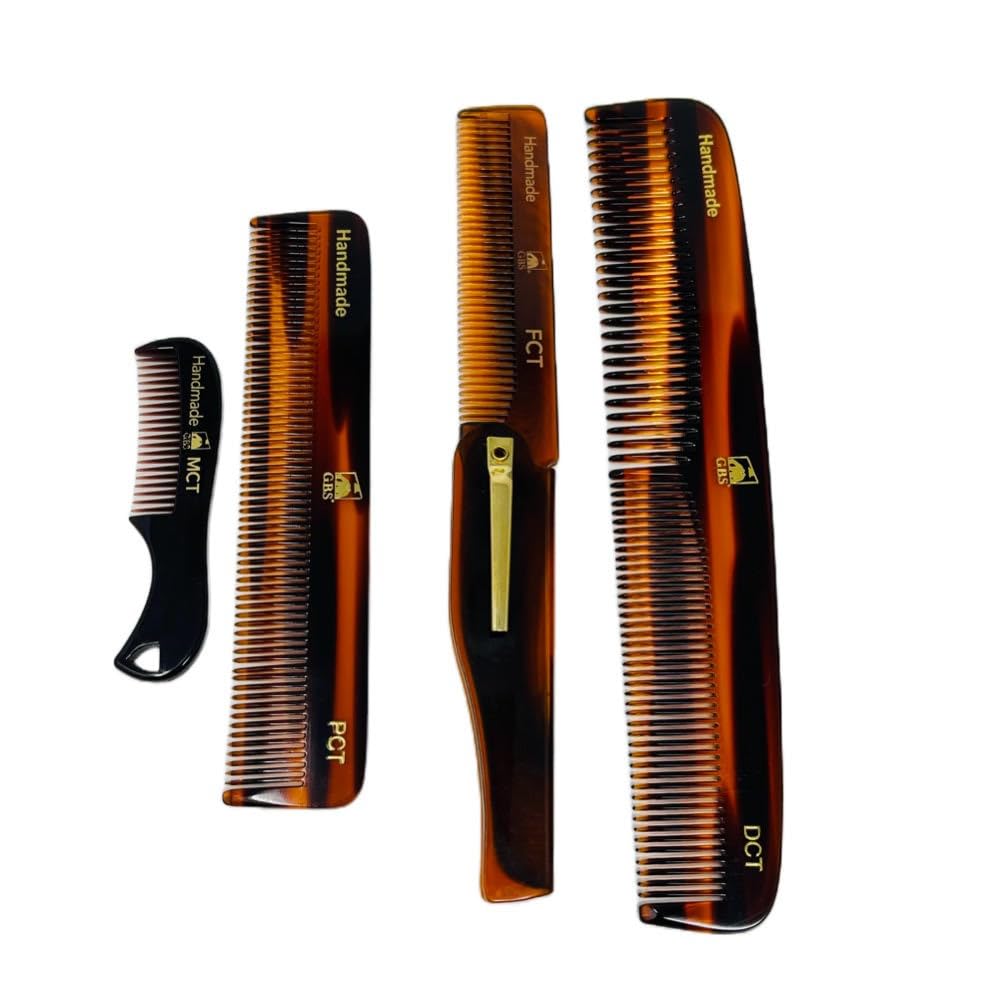 Handmade Hair Comb Set - 4 Piece Professional Grooming Kit for Men & Women (Dressing, Folding, Pocket & Mustache Combs)