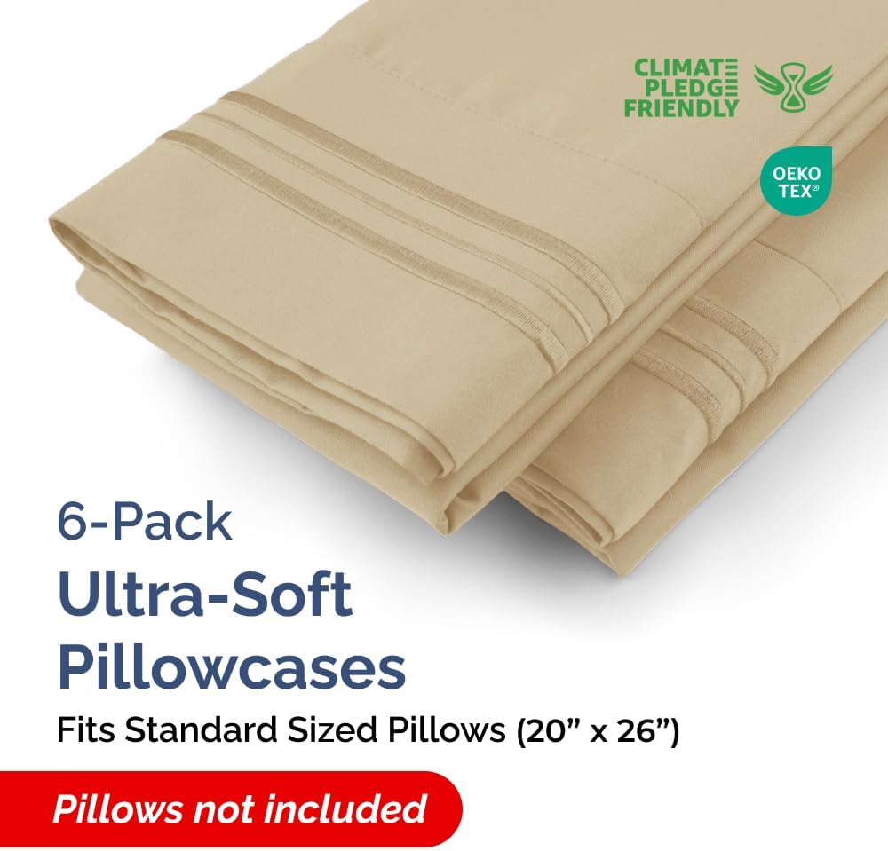 Standard Pillow Cases Set of 6 - Ultra Soft Hotel Quality Pillowcase Covers - Comfy, Cozy & Wrinkle Free - Shrink, Stain and Fade Resistant - Machine Washable Pillow Protectors - 6 Piece Set - Beige