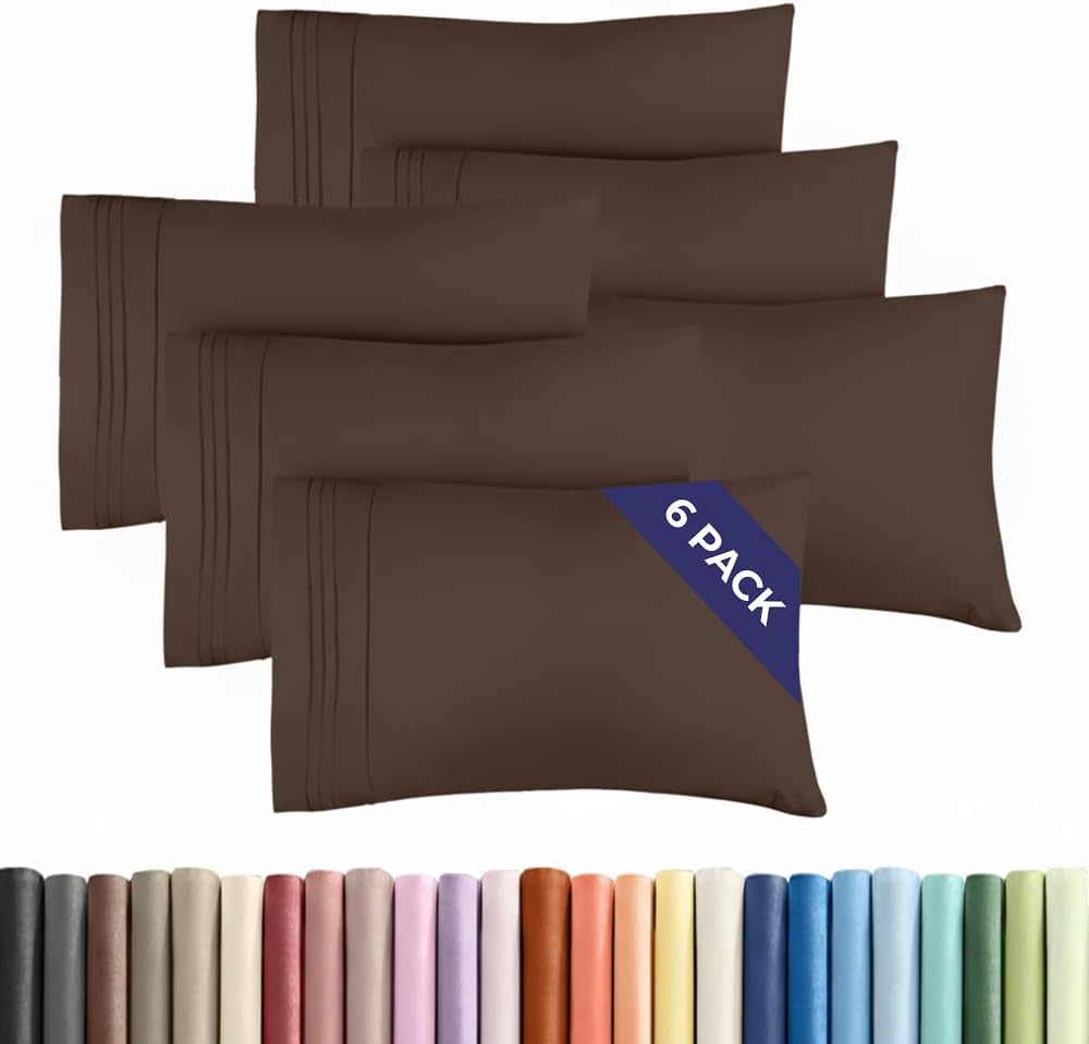 Standard Pillow Cases Set of 6 - Ultra Soft Hotel Quality Pillowcase Covers - Comfy, Cozy & Wrinkle Free - Shrink, Stain and Fade Resistant - Machine Washable Pillow Protectors - 6 Piece Set - Brown