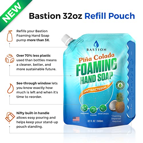 Bastion Foaming Hand Soap Refills: 32oz Pouch Pina Colada Scented Antibacterial Instant-Foam Bulk Hand Wash