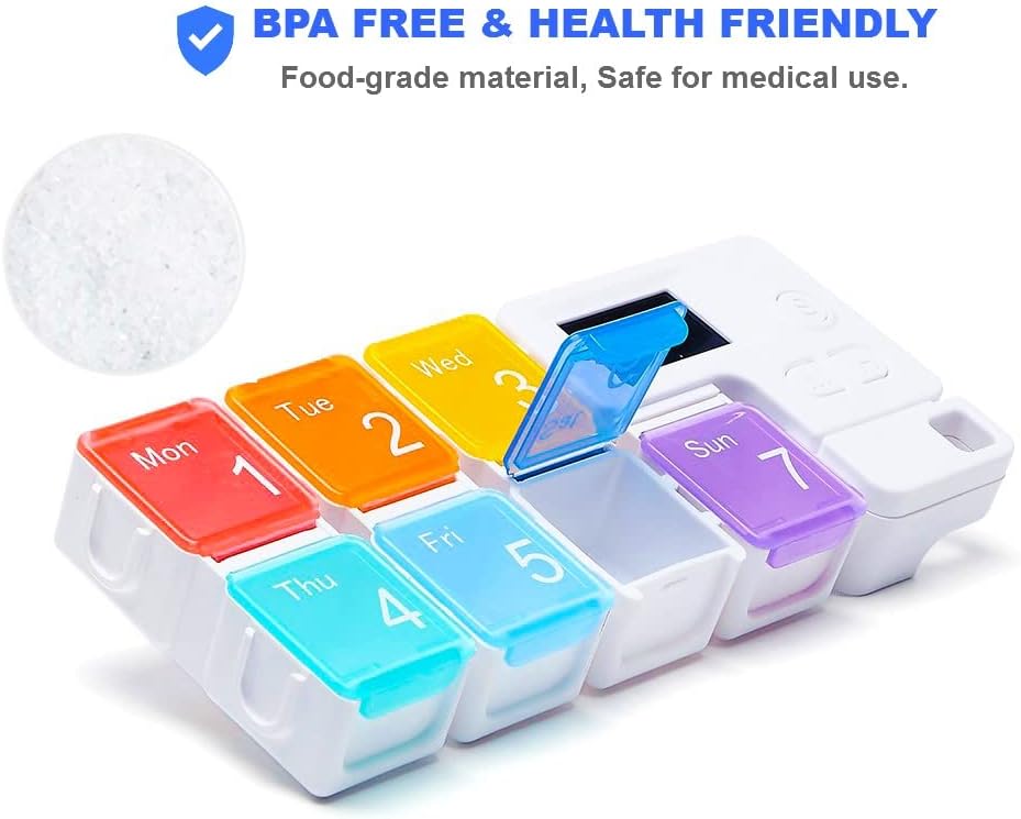 7 Day Medicine Pill Organizer, 4 Reminder Alarms, Loud Sound, 7 Large Compartments, Large Screen, Moisture-Proof, Dust-Proof, Travel Weekly/Daily Pill Box/Organizer/Case/Container/Dispenser, TBSoon