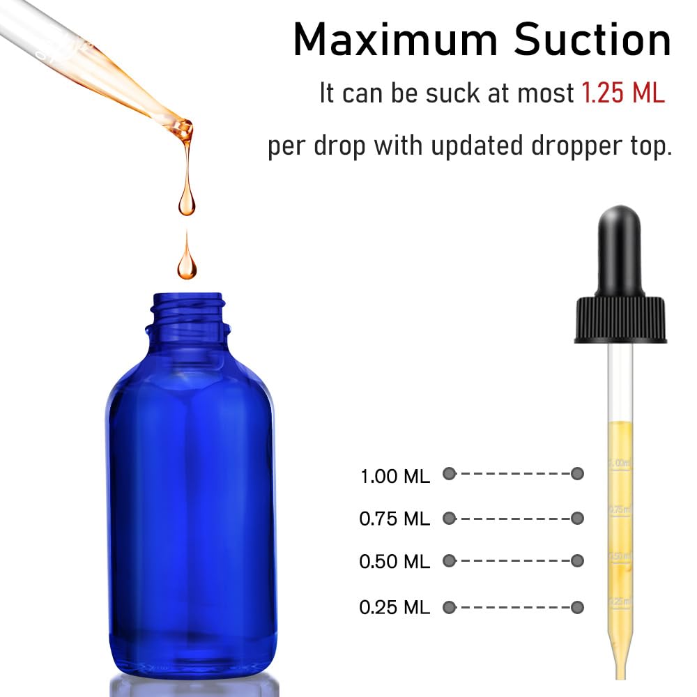 Bumobum Dropper Bottles, 4oz Blue Bottle with Dropper for Essential Oils with Funnel, Labels & Pipette, 2-Pack Tincture Bottles with Dropper(Unbreakable Plastic Eye Dropper)