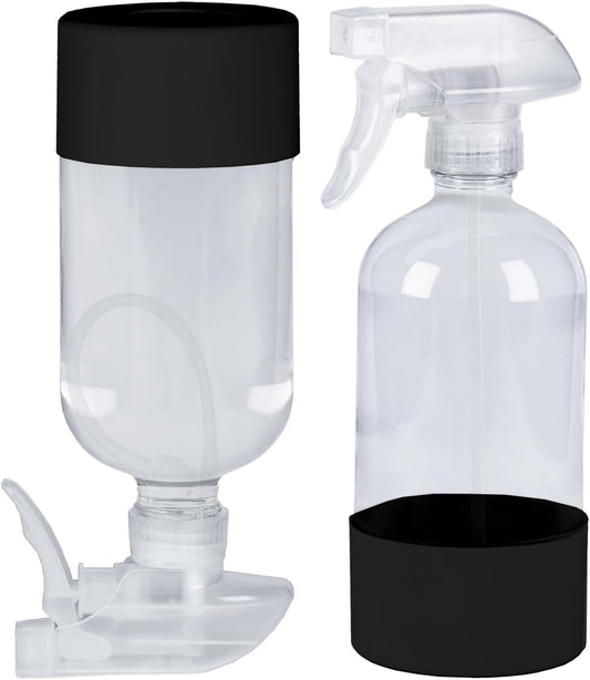 2 Pack 360° Glass Spray Bottles with Silicone Sleeve, 16 oz Empty Refillable Containers with Adjustable Spray Nozzles, Spray Bottles for Hair, Cleaning Solutions and Plants Black
