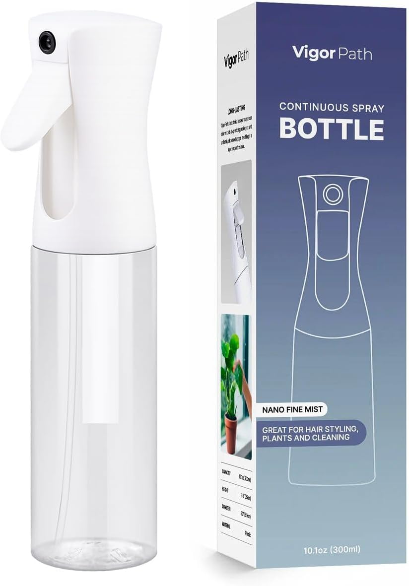 VIGOR PATH Continuous Mist Spray Bottle – Fine Mist Sprayer for Hair, Plants, Cleaning & Beauty – Refillable & Reusable Water Spray Bottle (Clear, 10oz)