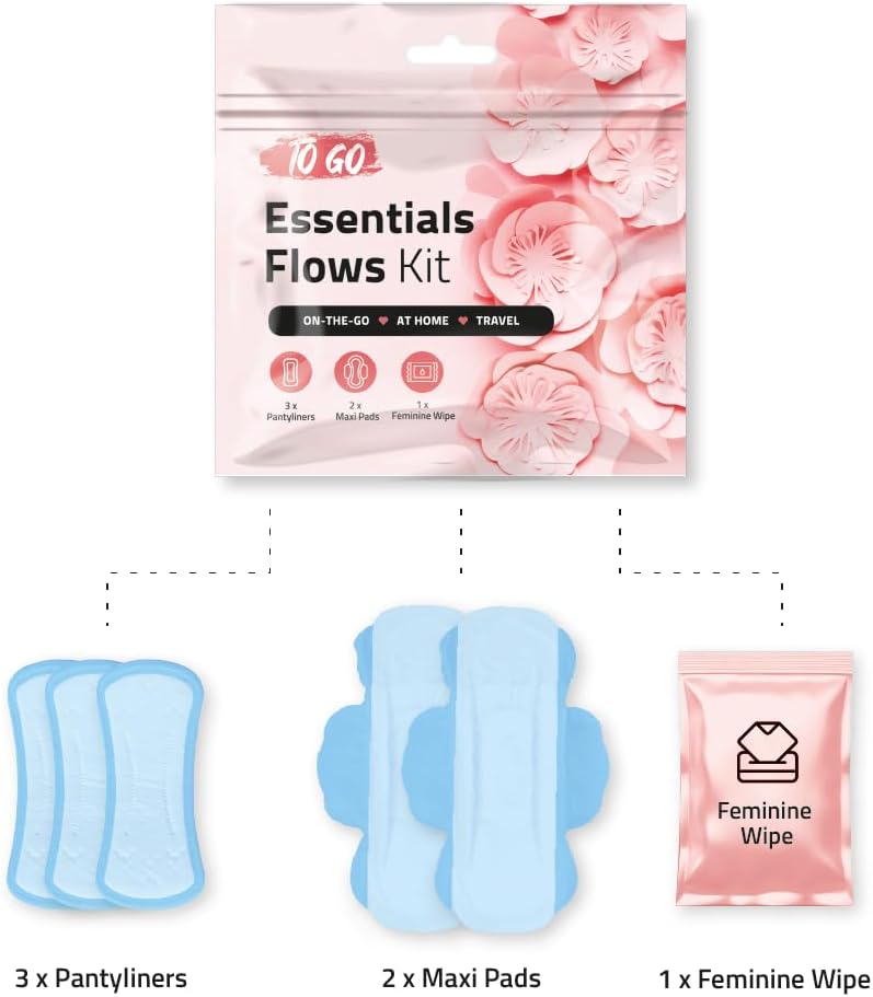 pH Advantage Essential Flows Period Kit (10 Pack) - 3 Pantyliners, 2 Maxi Pads & Feminine Wipe | Hygiene Essentials for School, First Period (Orange)