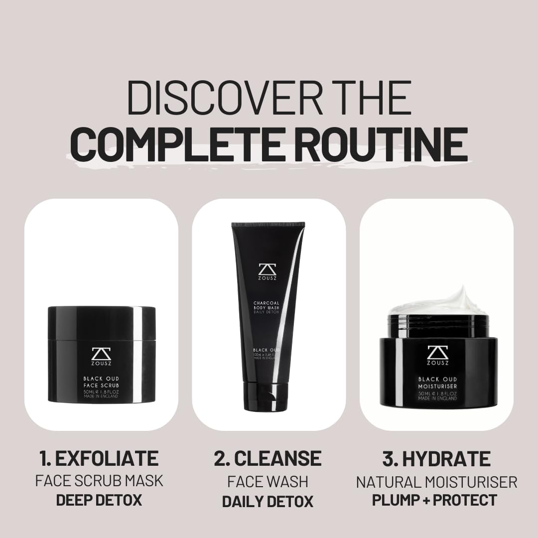 ZOUSZ Black Oud Charcoal Men’s Face Scrub & Mask – Deep Cleansing Exfoliating Clay Face Wash with Activated Charcoal, Salicylic Acid & Hyaluronic Acid – Clears Pores & Revives Skin – 50ml