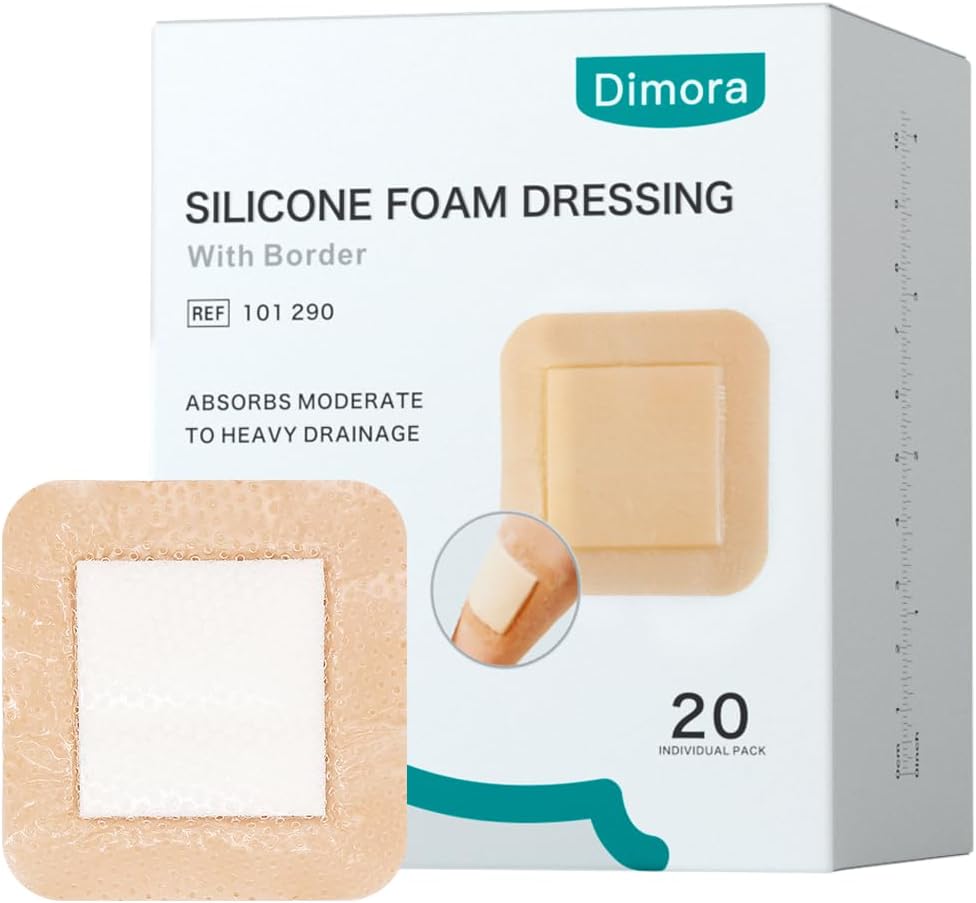 Dimora Silicone Foam Dressing 3x3 inch with Border 20 Pack, Wound Bandage, Gentle Adhesive Waterproof Pads for Sensitive Skin Wound Care 7.5x7.5 cm