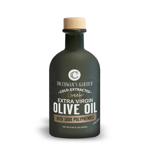 Dr. Cowan’s Garden 1000+ Polyphenol Greek Extra Virgin Olive Oil - Single Estate Extra Virgin Olive Oil with Highest Polyphenols Sourced from Koroneiki Trees, Phase 2 Organic, Cold-Pressed, 8.45 FL Oz