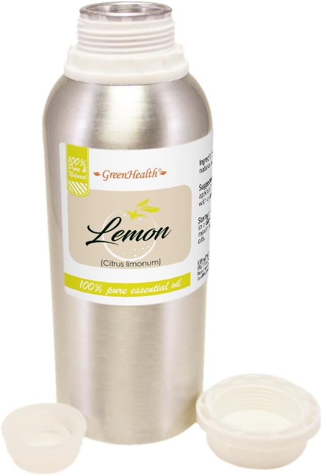 Lemon Essential Oil – 8 fl oz (237 ml) Aluminum Bottle w/Plug Cap – 100% Pure Essential Oil – GreenHealth