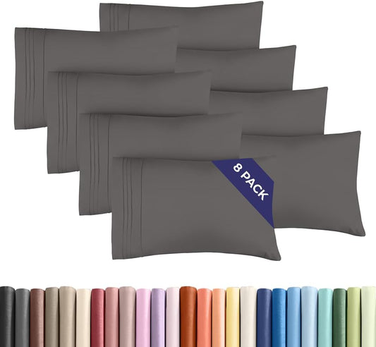 Queen Pillow Cases Set of 8 - Ultra Soft Hotel Quality Pillowcase Covers - Comfy, Cozy & Wrinkle Free - Shrink, Stain and Fade Resistant - Machine Washable Pillow Protectors - 8 Piece Set - Dark Grey