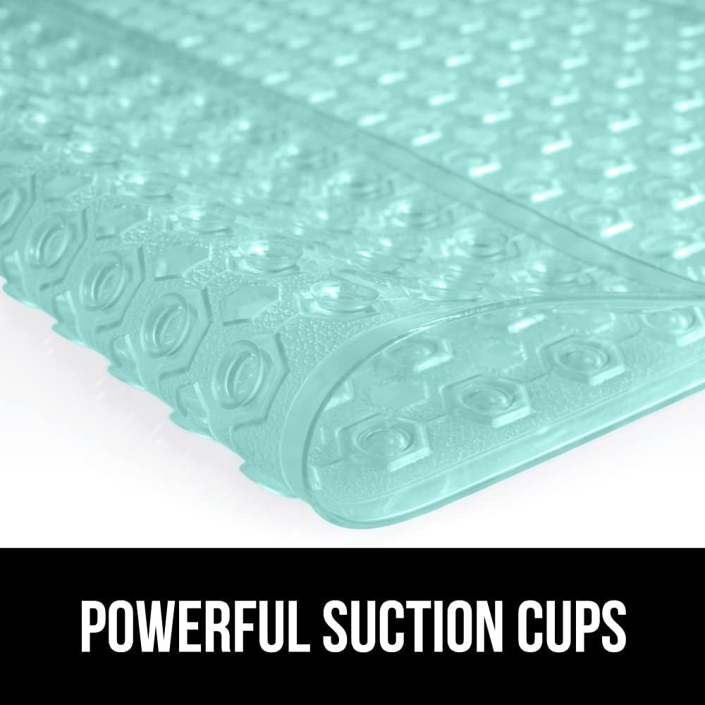 GORILLA GRIP Patented Bath Tub Shower Mat, Machine Washable Bathtub Floor Liner Mats, Suction Cups and Drain Holes to Keep Tubs Clean, Soft on Feet, Bathroom Essentials, 35x16 Inch, Clear Green