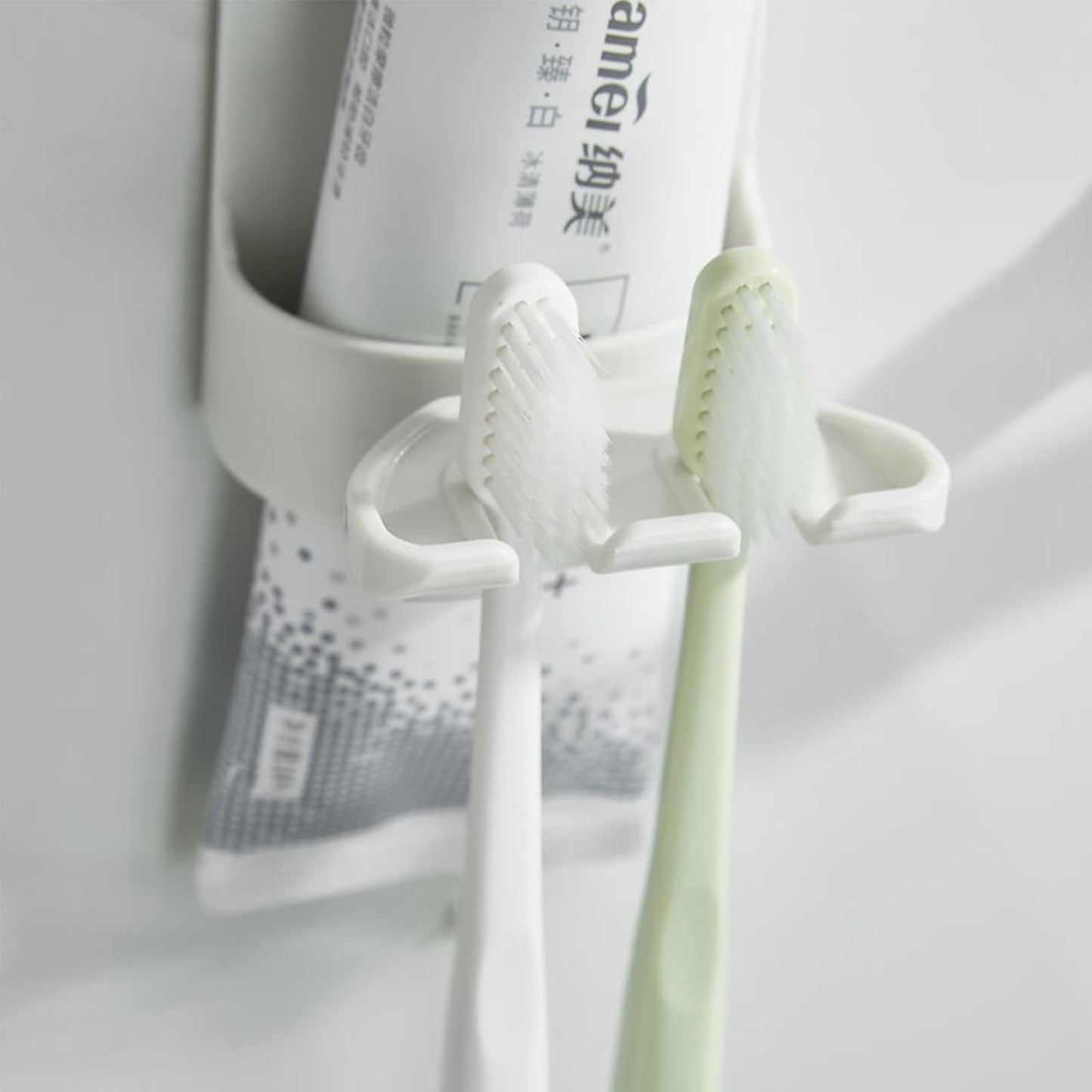 2 PCS Self-Adhesive Toothbrush Holders Wall Mounted, Water Proof Toothbrush Hook, 3 in 1 with Toothbrush Hanger Toothpaste Holder and Gargle Cup Holder for Bathroom Shower (White)