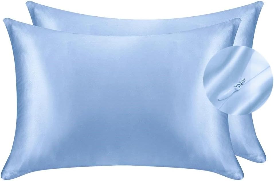 Juwenin Bedding,Luxury Satin Pillowcase with Zipper (Silky Satin Pillow Case for Hair) Set of 2 (Blue, Standard(20''x26''))