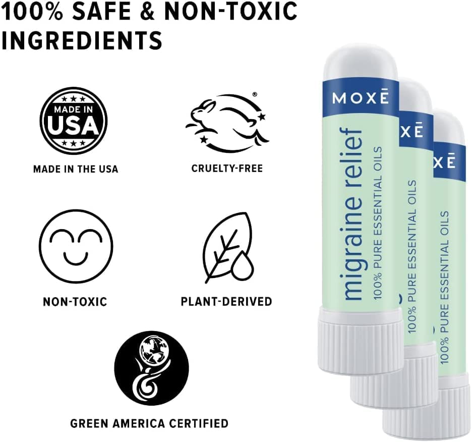 MOXE Migraine Relief Nasal Inhaler, Essential Oils for Headaches & Tension Relief, Portable Aromatherapy, Easy-to-Use, Pure & Undiluted, Peppermint, Spearmint, Eucalyptus, Tea Tree, USA Made, 1 Pack
